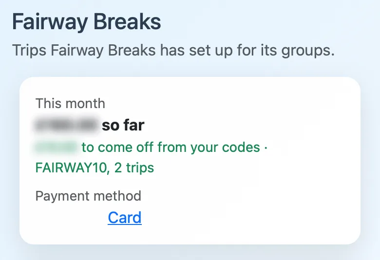 Fairway Breaks' home: This month so far, then to come off from your codes, FAIRWAY10, 2 trips, and the payment method; the amounts are blurred