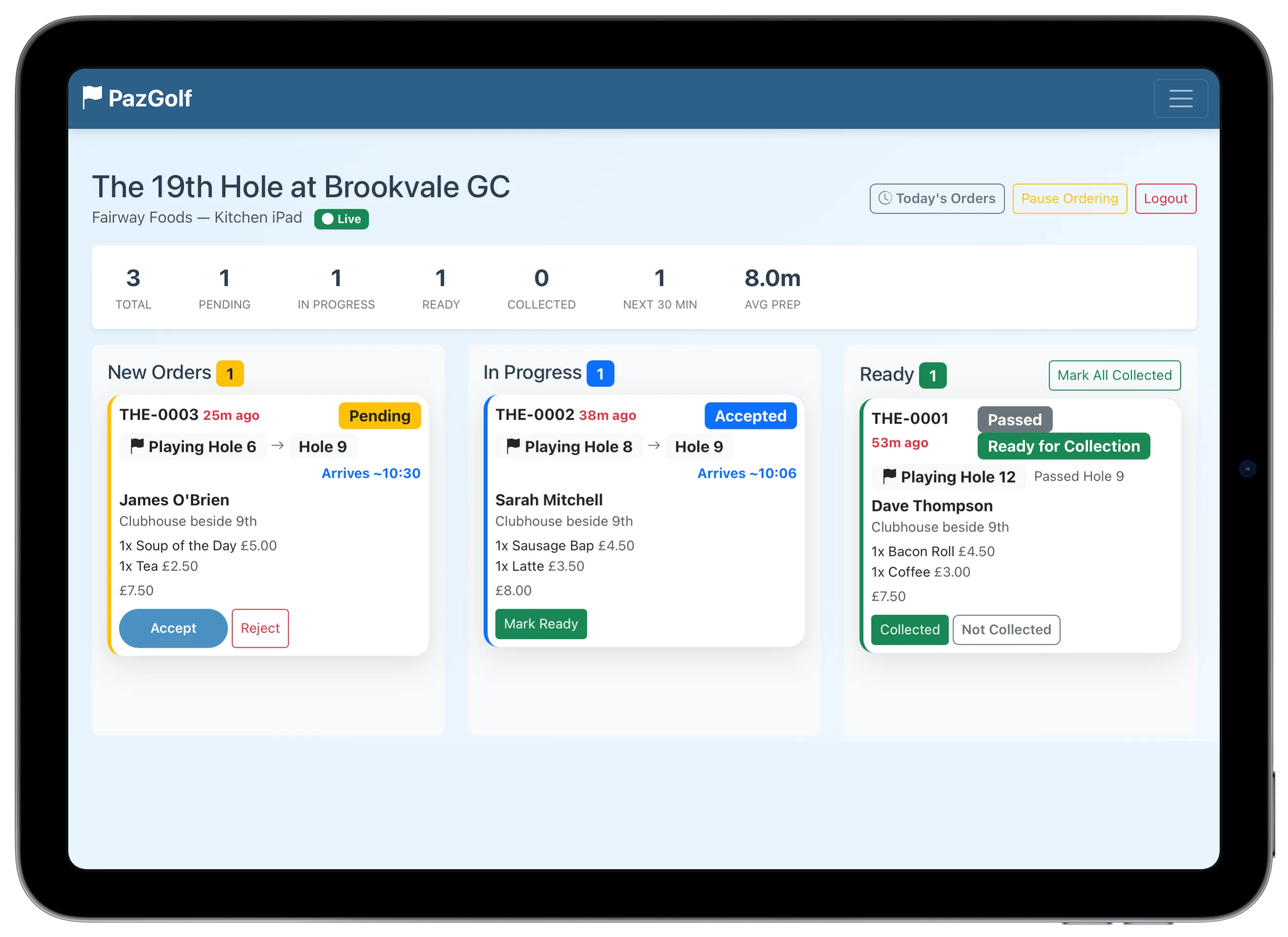 Snax terminal order board on an iPad: three columns, New Orders, In Progress and Ready, each with an order card showing the golfer's current hole, expected arrival time and items
