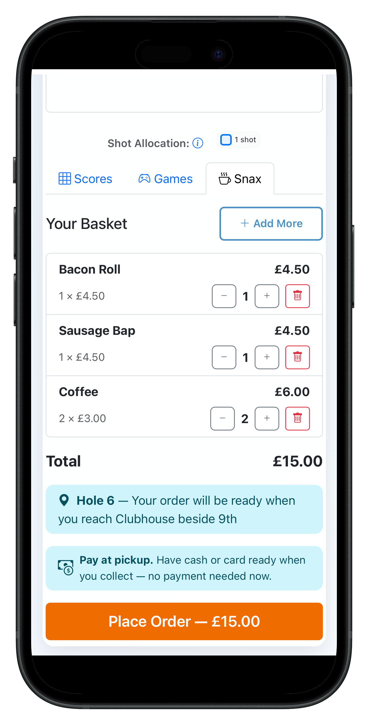 PazGolf Snax on-course food and drink ordering on a mobile phone